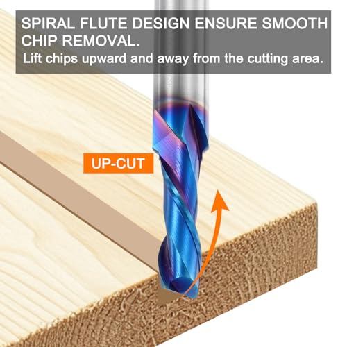 HARFINGTON Spiral Router Bit, 3/8" Cut Dia. Up Cut 2-Flute Solid Carbide End Mill with 1/2" Shank for CNC Wood Carving Engraving, 1-1/4" Cut Length, Blue Nano Coated 3/8" x 1-1/4" x 1/2" x 3"