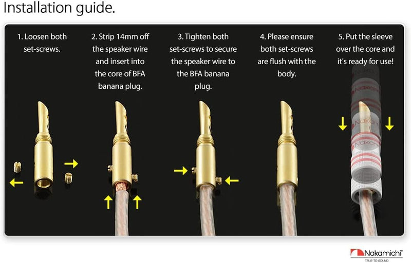 Nakamichi Excel Series 24k Gold Plated BFA Banana Plug 12-18 AWG Gauge Size 4mm for Speakers Amplifier Hi-Fi AV Stereo Home Theatre Audio Wire Cable Screw Connector, 10 Pcs (5-Pairs) 10 Pcs (5-Pairs)