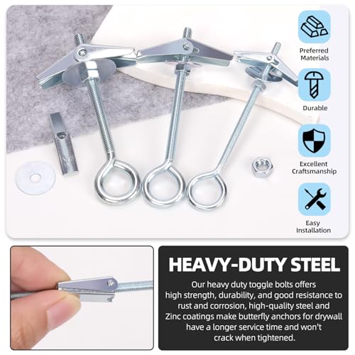 Glarks 15pcs M6 x 70mm O-Shaped Eye Bolt Toggle Anchors Set for Drywall, Ceiling, Sheetrock, Hollow Wall
