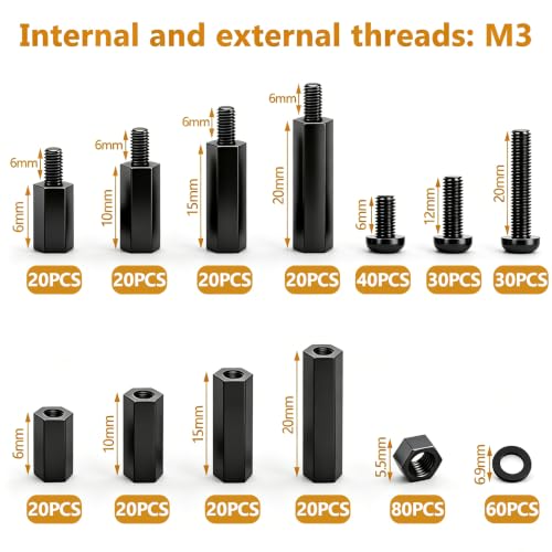 640PCS M3 Brass and Nylon Motherboard Standoffs Kit, Male Female Hex Spacer Standoff Screws Nuts Suitable for Circuit Board, PCB Board etc Yellow & Black 640PCS (M3)