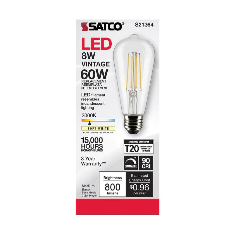 Satco 8 Watt ST19 LED Clear Vintage Style Light Bulbs - Medium Base - 3000K - 120 Volt - Soft White (6 Pack)