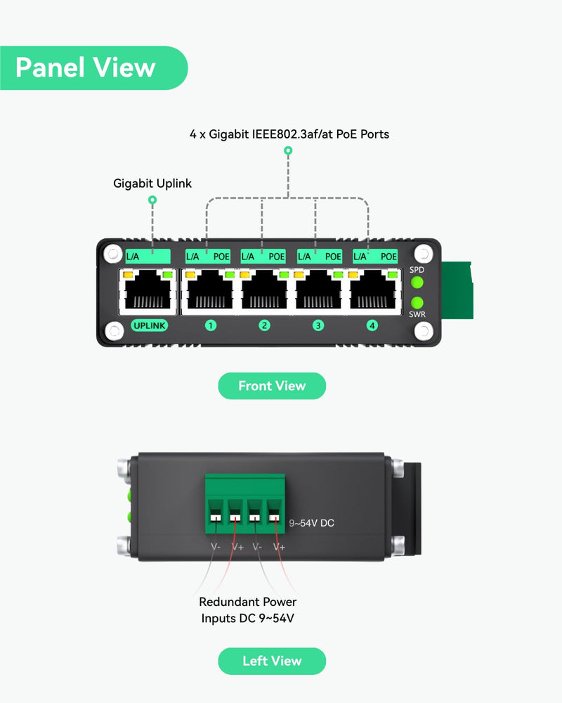 LINOVISION Industrial 5 Ports Gigabit Solar PoE Switch Support DC9V-54V to DC48V PoE, 4 x IEEE802.3af/at 30W PoE Ports @120W, IP40, Compact PoE Power for Solar Power/RV Truck/VoIP Systems 1