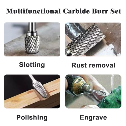 10Pcs Carbide Burr Set for Die Grinder Bits,1/4" Shank Double Cut Rotary Tool Bits | Metal, Wood, Plastic Working | Grinding, Engraving, Milling, Polishing | Durable Tungsten Carbide