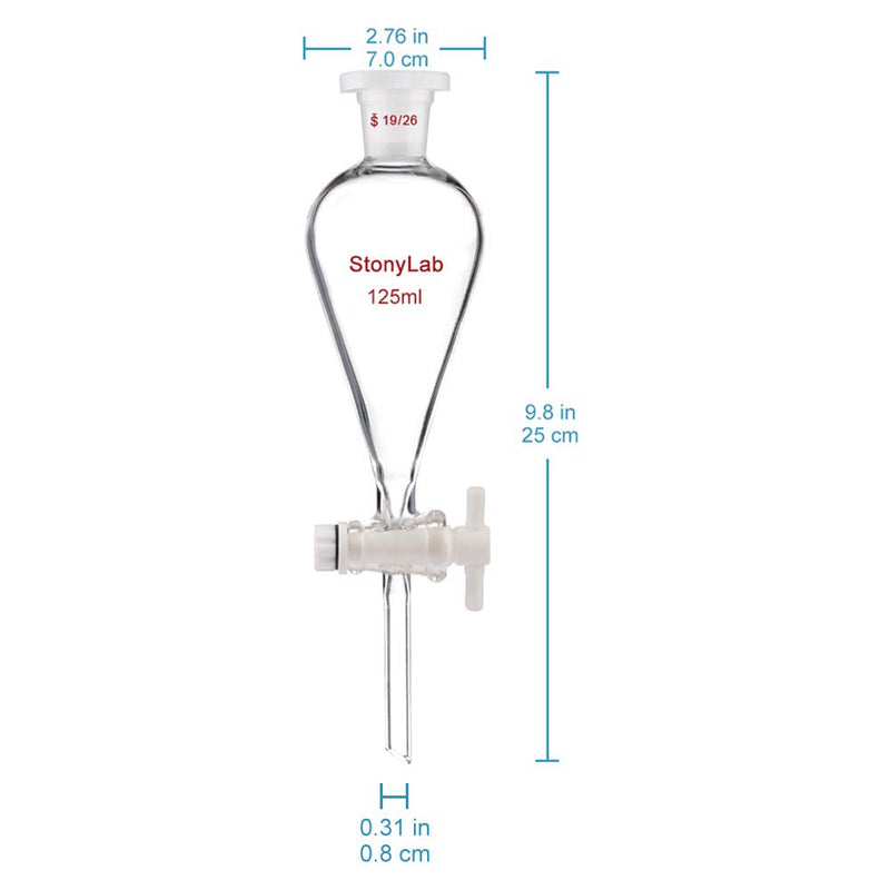 stonylab Borosilicate Glass 125 ml Heavy Wall Conical Separatory Funnel with 19/26 Joints and PTFE Stopcock, 125 ml 125.0 milliliters 1 Sep-Funnel-Glass-1PK-125mL