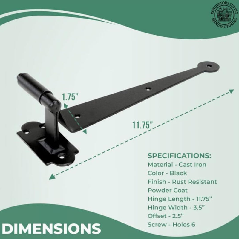 Renovators Supply Manufacturing Pack of 2 Black Cast Iron Pintle Strap Hinges 11-3/4 Inch Offset Lift Off Shutter Gate Door Hardware RSF Rustic Colonial Reversible Hinges with Screws
