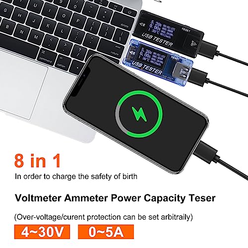 2pcs 8 in 1 USB Tester 10V 3A Voltage Current Tester Voltmeter Capacity Current Meter Digital Multimeter Current Tester Voltage Detector(Black+Blue) Black+Blue