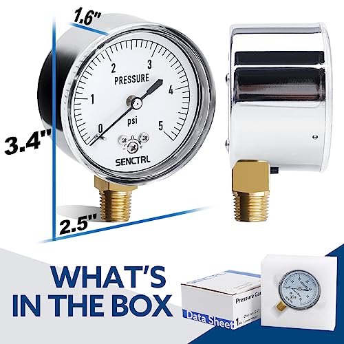 SENCTRL 0-5 Psi Low Pressure Gauge, 1/4" NPT Lower Mount 0-138.5inH2O