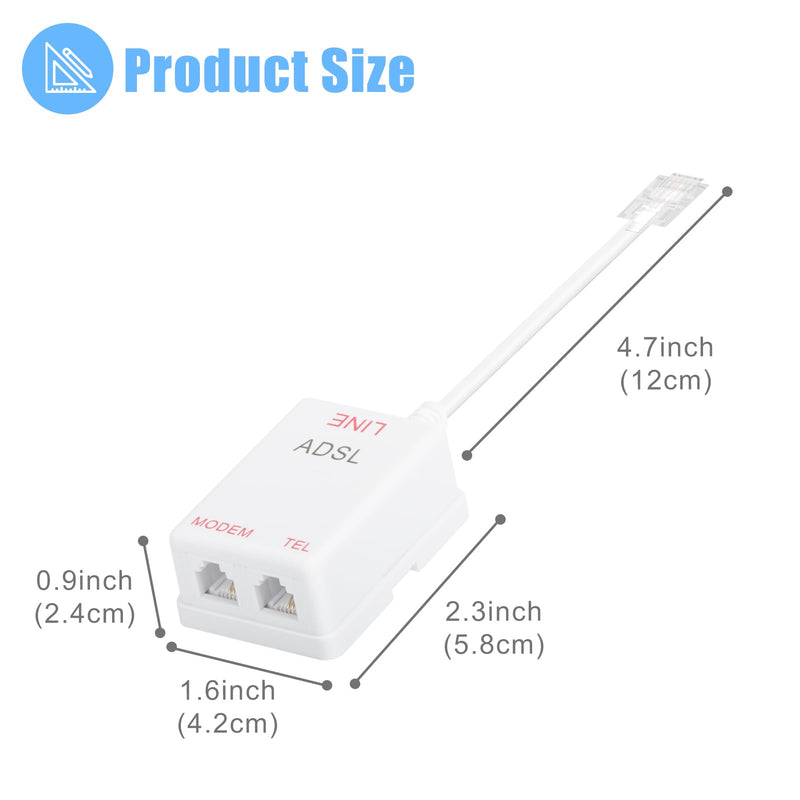 DSL Filter Splitter for Phone Line, 1 Pack RJ11 6P2C DSL Filter, DSL Phone Line Filter Splitter 1 Male to 2 Females, White ADSL Modem for Telephone 1 Pack White ADSL