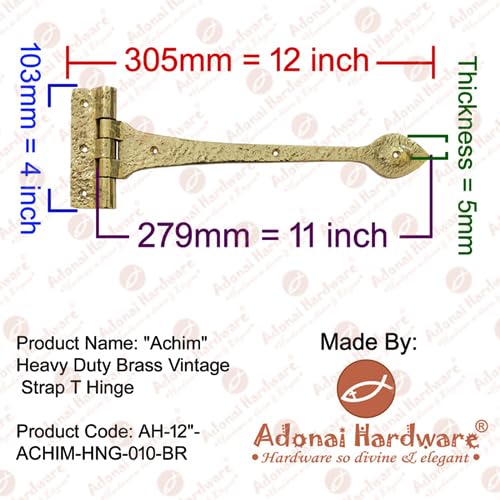 Adonai Hardware Achim Heavy Duty Brass Vintage Strap T Hinge (12" x 2 Pack, Polish Lacquered) for Wooden Barn Front Entry Doors, Gates, Garages, Shutters, Furniture, Fences, Farmhouse 12" x 2 Pack - T Hinge (Brass)