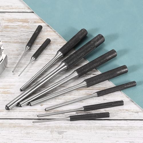 HARFINGTON 9pcs Drive Pin Punch Set 1/16" 5/64" 3/32" 1/8" 5/32" 3/16" 7/32" 1/4" 5/16" Non-marring Drive Pin Punch Cylindrical Alignment Punches with Knurled Grip for Watch Repair Jewelry