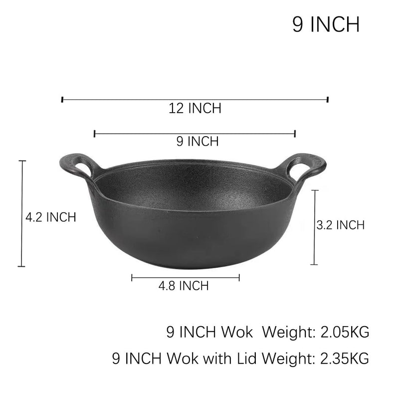 9 inch Cast Iron Wok with Handles, Grilling Pan, Use in the Oven, on the Stove, or on the Grill (9 inch) 9 inch without Lid