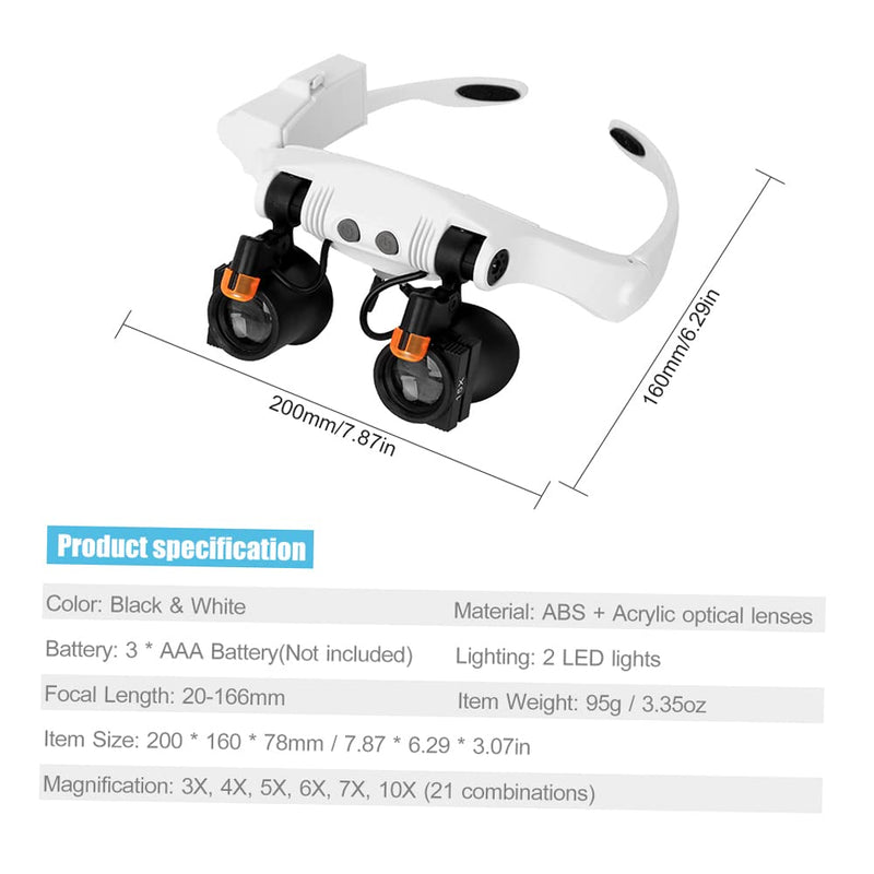 Headband Magnifier with LED Lights, 21 Interchangeable Lenses for Watch Repair, Jewelry Work, 6X 7X 10X Magnification