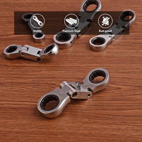 Stubby Wrenches Set, 72-Tooth Flex Head Ratcheting Wrench Set, Compact Double Box End Ratchet Wrench Metric 8-19mm 5 Pieces for Tight Spaces