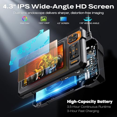 Endoscope Camera with Light, 1920P HD Borescope, 4.3" IPS Inspection Camera