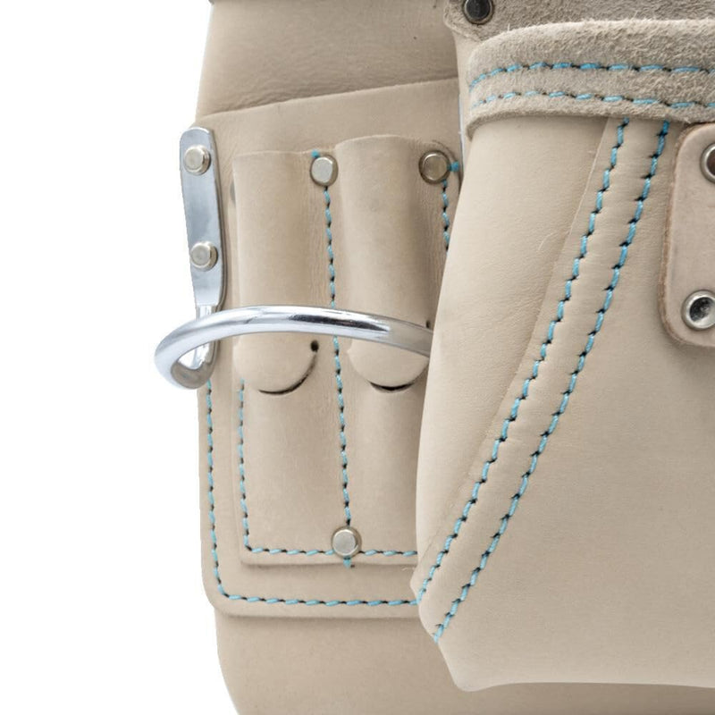 OX Tools 10-Pocket White Leather Tool Pouch with Hammer Holster | Top grain leather, teal double stitching & rivets - heat-reflective design for carpenters, framers & electricians