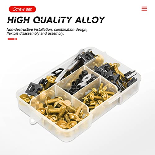 Motorcycle Fairing Bolt Kit, 177pcs M5 M6 Motorcycle Windscreen Screws, Aluminum Fasteners Fairing Bolts Nut Clips Kit, Mounting Kits Washers Nuts Screws Assortment for Sport Bikes (Gold) Gold