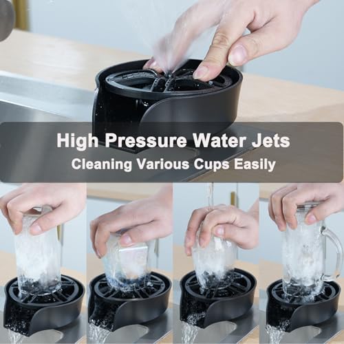 2 in1 Glass Rinser for Kitchen Sink, High Pressure 360 Degree Rotating Cup Washer with Pull-Out Spray Gun, Glass Cup Cleaner Sink Attachment Washer Clean Cups Bottles (Black) Black
