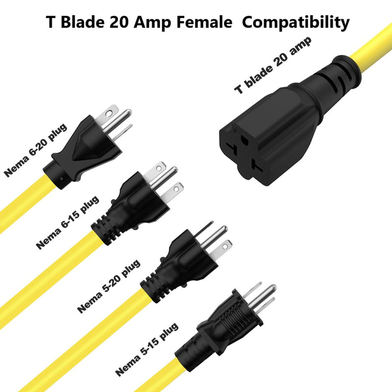10-Ft Nema 6-20P Extension Cord 20-Amp 250Volt Nema 6-20 Heavy Duty Extension Cable 12AWG, (4 in 1) 6-15R, 6-20R, 5-20R, 5-15R T Blade Female 20AMP Plug Adapter Cord,250V 20A Plug AC Power Cable