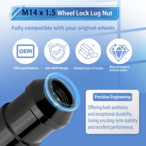 Wheel Locks Lug Nuts M14 x 1.5 Fit for Acura MDX Cadillac Escalade Ford Explorer Chevrolet Silverado Toyota Tundra Dodge RAM and More, 13/16" Hex Black Cone Seat Wheel Locks(Total Length 37mm)
