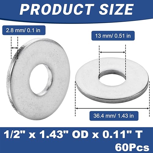 60 Pcs 1/2" Fender Washers Stainless,1/2" ID x1.43 OD x 0.1" Thick 1/2" x 1.43"OD x 0.1"T 60