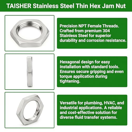 TAISHER 5pcs 1-1/4"FNPT Stainless Steel Hex Jam Nut,Heavy-Duty Corrosion-Resistant Stainless Steel Nuts for Machinery, Automotive, DIY & Home Projects 5