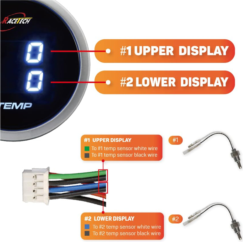 MOTOR METER RACING 52mm 2-1/16" Digital Dual Temperature Gauge °F Inside & Out Blue LED for Oil Water Temp Racetech Dual Oil/Water Temp