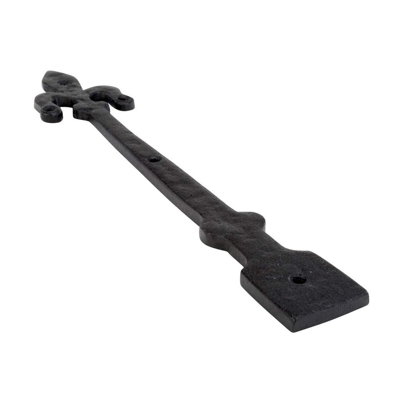 Renovators Supply Manufacturing Black Wrought Iron Garage Door Decorative Hardware Fleur De Lis Design 12 in. Rust Resistant Dummy Strap Hinge with Mounting Hardware Pack of 2