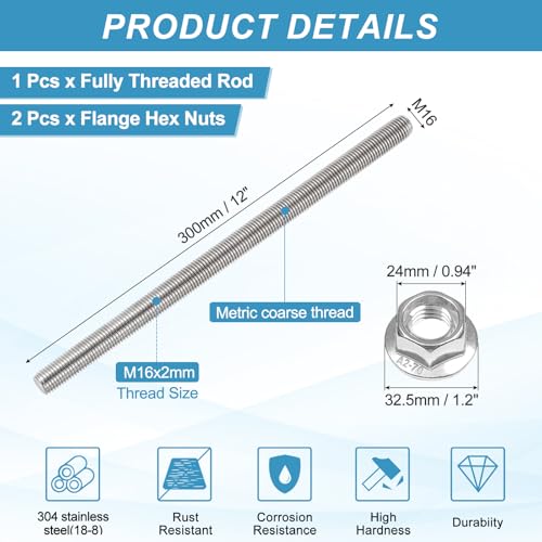 PATIKIL M16 x 2mm Fully Threaded Rods 12 Inch/300mm, 304 Stainless Steel All Threaded Rod Metric Right Hand Threads with 2Pcs Flange Hexagon Nut for Clamps Hangers U-Bolt M16 x 300mm 1