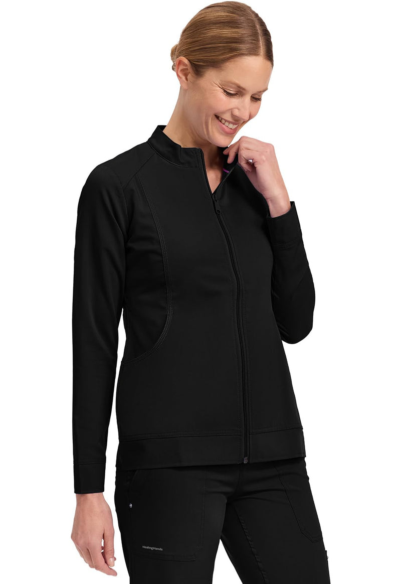 Healing Hands Women's Scrub Jacket, Zip-Up Front with 2-Way Stretch Comfort & Big Kangaroo Pockets 5038 Black X-Large
