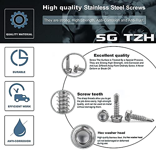 #14 x 1" Sheet Metal Screws 100PCS 410 Stainless Steel Hex Washer Head Fast Self Tapping Screws by SG TZH #14 x 1"