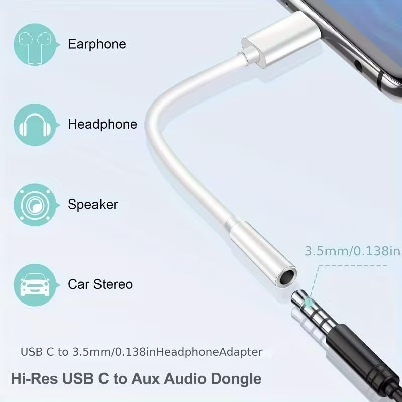 USB Type-C to 3.5mm Headphone Adapter, Digital Type-c to Aux Cable with DAC Chip USB Type C to 3.5mm Headphone Jack Adapter (White) White