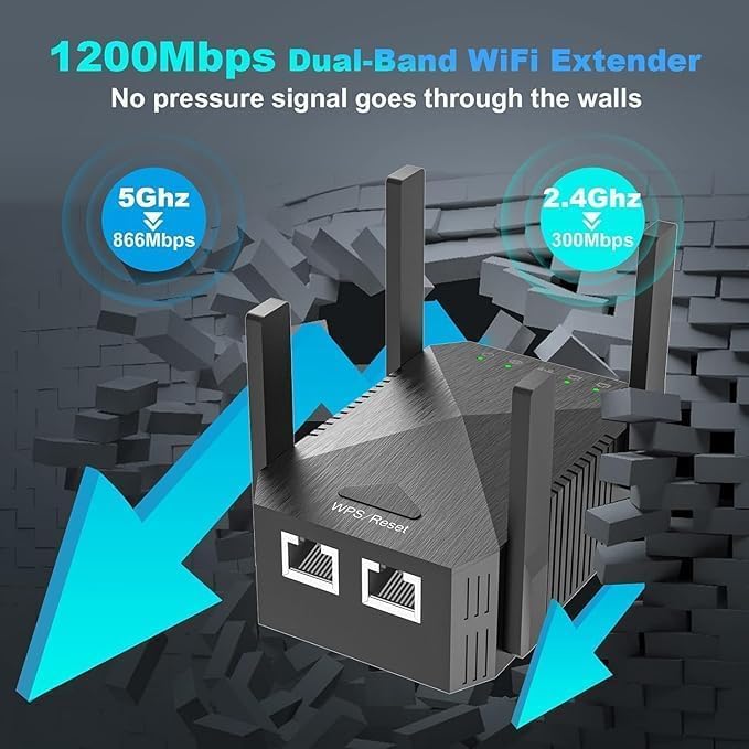 WiFi Extender, 1200Mbps Wi-Fi Signal Booster Amplifier for Home Cover Up to 9800sq.ft WiFi 2.4&5GHz Dual Band Wireless Repeater, 4 Antennas 360° WiFi Amplifier, White