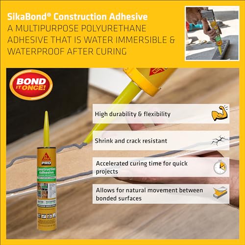 SikaBond Construction Adhesive, Gray, Advanced Polyurethane for Outdoor. Water immersible & Waterproof, 10 fl.oz 10.1 Fl Oz (Pack of 1)