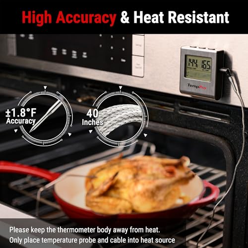 TempPro TempTrack Large LCD Digital Meat Thermometer for Cooking, Smoking Light Silver