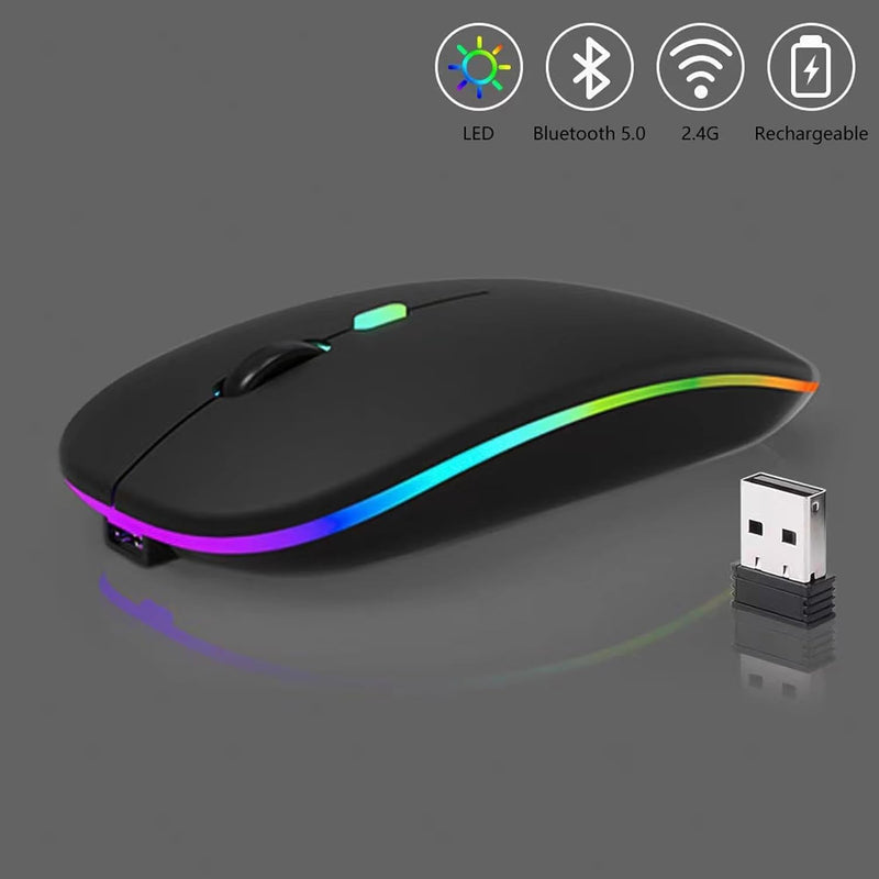 Wireless Bluetooth Mouse,LED Dual Mode Rechargeable Silent Slim Laptop Mouse,Portable(BT5.2+USB Receiver) Dual Mode Computer Mice,for Laptop,Desktop Computer,ipad Tablet,Phone,TV (Black) black