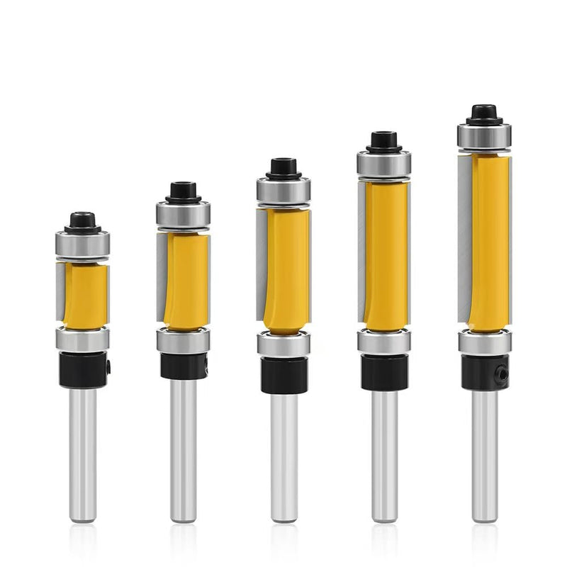 5Pcs Top and Bottom Bearing Flush Trim Router Bits Set 1/4 Inch Shank, 1/2 Inch Cutting Diameter, 33/64", 3/4", 1", 1-1/4", 1-1/2" Inch Cutting Length, with Replace Bearings and Wrenches SIZE 4
