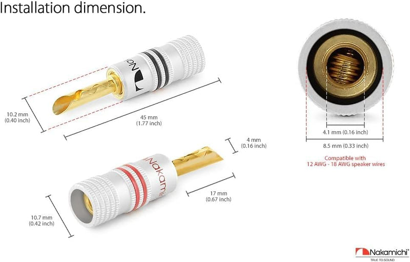Nakamichi Excel Series 24k Gold Plated BFA Banana Plug 12-18 AWG Gauge Size 4mm for Speakers Amplifier Hi-Fi AV Stereo Home Theatre Audio Wire Cable Screw Connector, 10 Pcs (5-Pairs) 10 Pcs (5-Pairs)