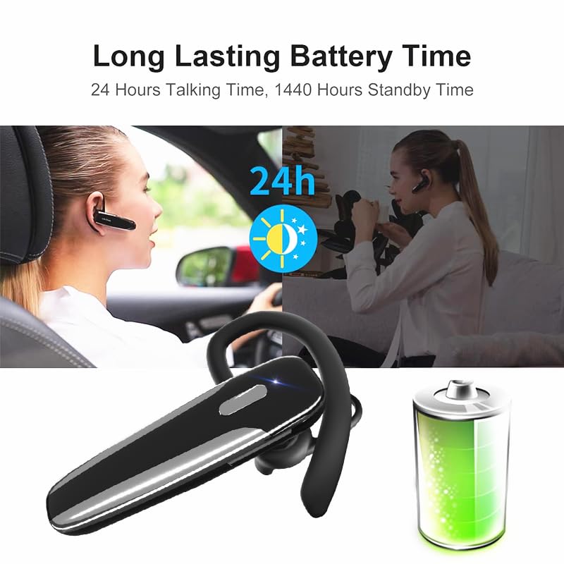 Single Ear Bluetooth Headset V5.3 Single-Ear Earpiece with Wireless Microphone 48H Battery, Bluetooth Earpiece - Handsfree for Driving/Truck Drivers, Compatible with iPhone, Android, Samsung Minimalist Glossy Black