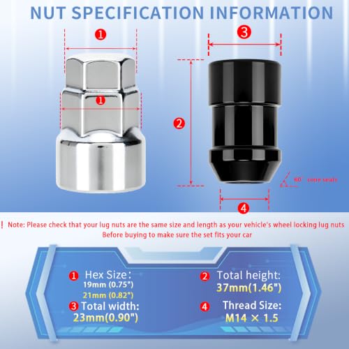 Wheel Locks Lug Nuts M14 x 1.5 Fit for Acura MDX Cadillac Escalade Ford Explorer Chevrolet Silverado Toyota Tundra Dodge RAM and More, 13/16" Hex Black Cone Seat Wheel Locks(Total Length 37mm)