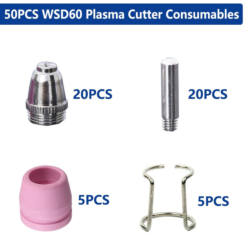 Plasma Cutter Consumables 50PCS WSD60 AG60 Non-Touch Pilot Arc Plasma Cutting Torch WSD-60 Accessories Electrodes Tips Nozzles Guides Kit Suitable for CUT50P CUT60P CUT-50F Cutting Machine