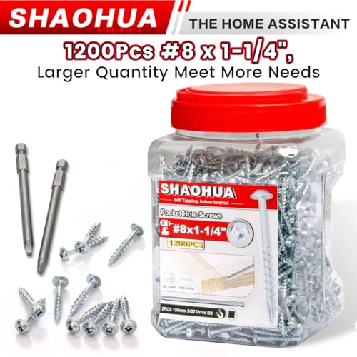 1200 Pcs #8 1-1/4" Pocket Hole Screws, Coarse Thread for Furniture, Cabinets, Compatible with Kreg Jig, Zinc Plated Pocket Screws for Indoor Use, Portable Handheld Box w/ SQ2 Square Drive Bit A. #8 1-1/4"