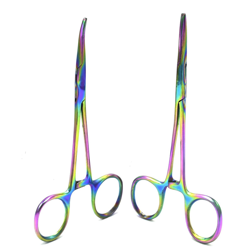 2 Hemostat Curved and Straight Hemostat Forceps Piercing Pliers Multi Color Rainbow Forceps with Serrated Jaws, 5.5 Inch Stainless Steel Straight and Curved Pliers,Fishing Tweezer Hemostats