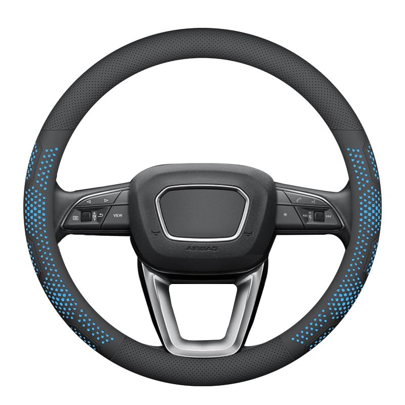 Leather Steering Wheel Cover for Jeep Wrangler Grand Cherokee Compass, 14.5-15 inches Car Steering Wheel Cover with Non-Slip Breathable (Blue) Blue