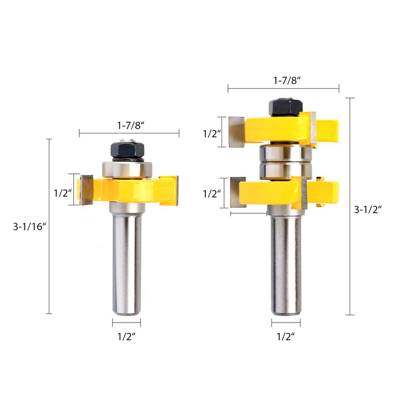 Adjustable Tongue and Groove Router Bit Set 1-1/2" Stock Woodworking Cutting Milling Tools 1/2 Inch Shank
