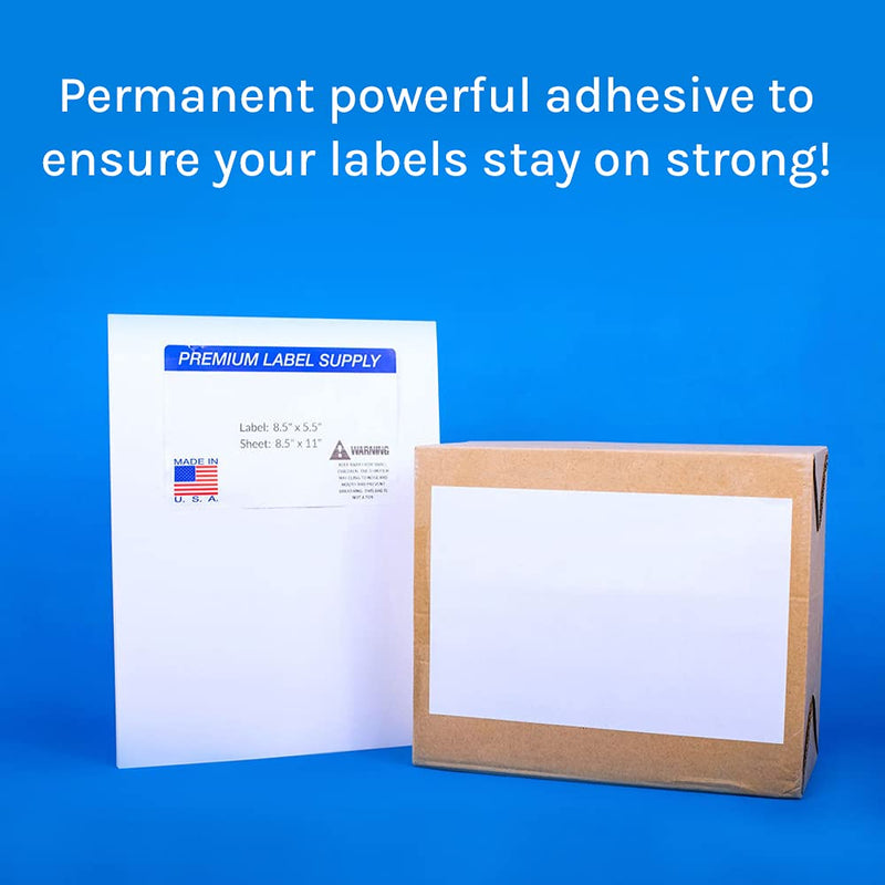 Premium Label Supply White Sticker Half Sheet Labels – 8.5" x 5.5" – Laser/Inkjet Compatible – (2 per Sheet), 25 Sheets - 50 Total Adhesive Labels 50 Labels