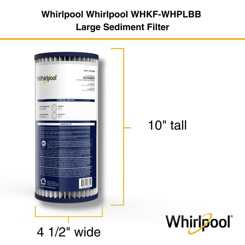 Whirlpool WHKF-WHPLBB Whole House Large Capacity Pleated Sediment Filter, Upgraded 20 Micron Reduces Sand, Soil, Silt & Rust, Fits 4.5" Diameter Standard Home Water Filter Housings 1 Count (Pack of 1)