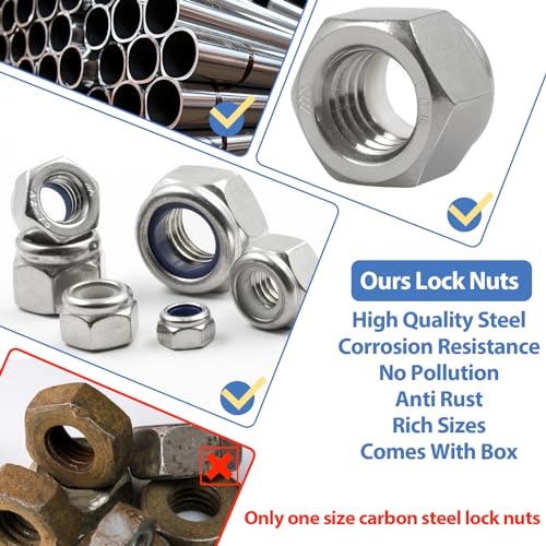 348Pcs SAE(#6-1/2) &Metric(M3-M12) Stainless Nylon Lock Nuts Assortment Kit SAE and Metric Assortment; 348pcs Silver