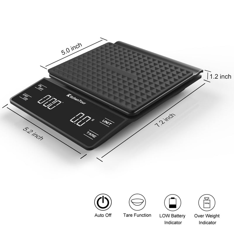 KitchenTour Coffee Scale with Timer 3kg/0.1g High Precision Pour Over Drip Espresso Scale with Back-Lit LCD Display (Batteries Included) Basic