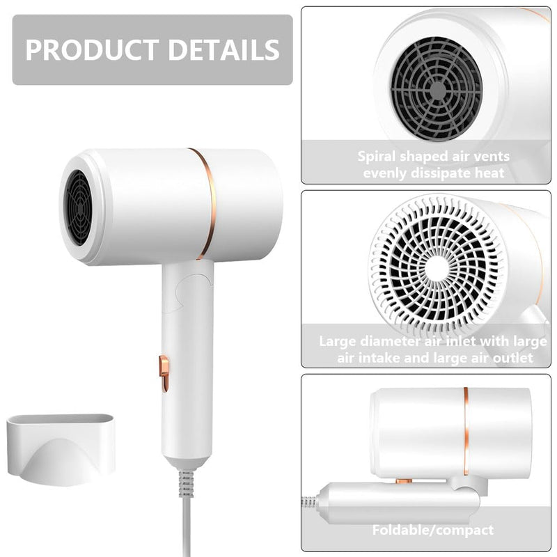 Hair Dryer Travel, Foldable Hair Dryer, Ionic Hairdryer Lightweight with 2 Heat and Cool Button, Silent Hairdryers for Women with 1 Concentrator, Small Hair Blow Dryer for Women White