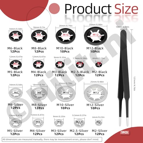 Hilitchi 209Pcs 9 Sizes Internal Tooth Star Lock Washers Set include: M2 M2.5 M3 M4 M5 M6 M8 M10 M12 304 Stainless Steel Quick Speed Locking Washers Steel Black Oxide Finish Locking Washer withTweezer